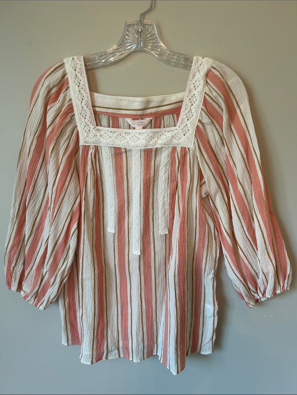 LC Lauren Conrad Cream & Coral Striped Peasant Top